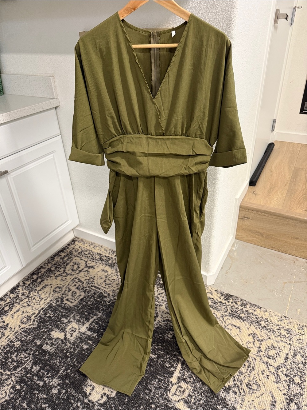 Olive Green V-Neck Utility Jumpsuit